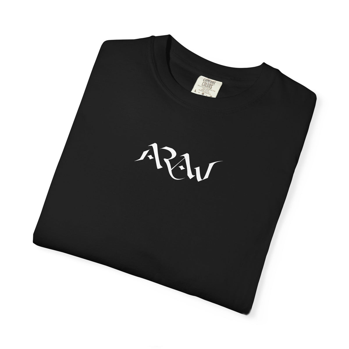 Black Crocomeow graphic T-shirt front view with white ARAW logo