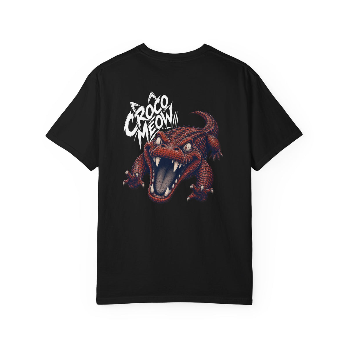 Black Crocomeow crocodile graphic T-shirt back view by ARAW