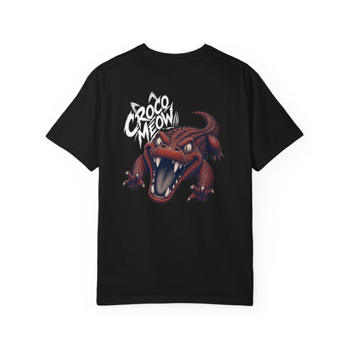 Black Crocomeow crocodile graphic T-shirt back view by ARAW
